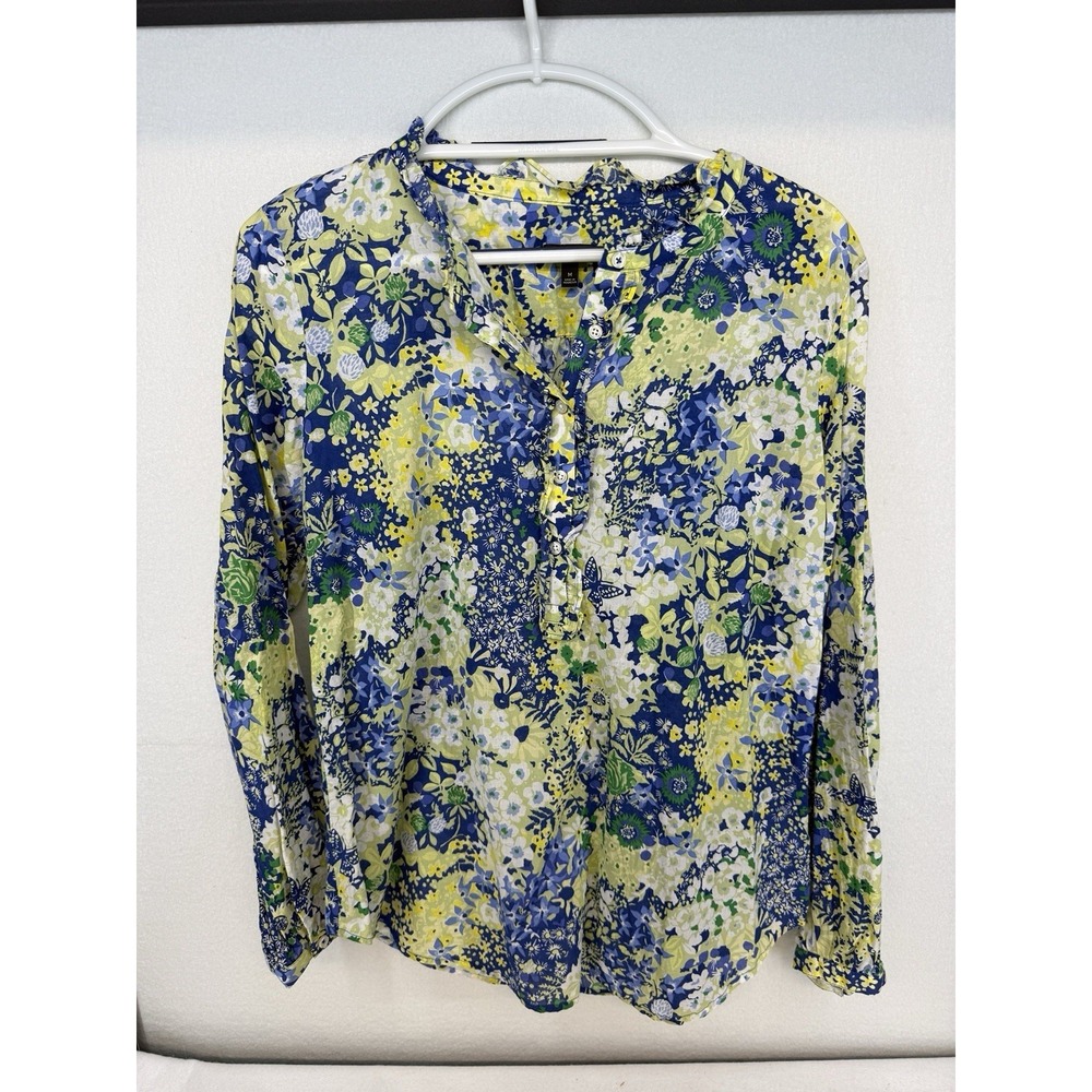 NWOT Talbots Blue Yellow‎ Butterfly Garden Popover Ruffle Top Size Medium